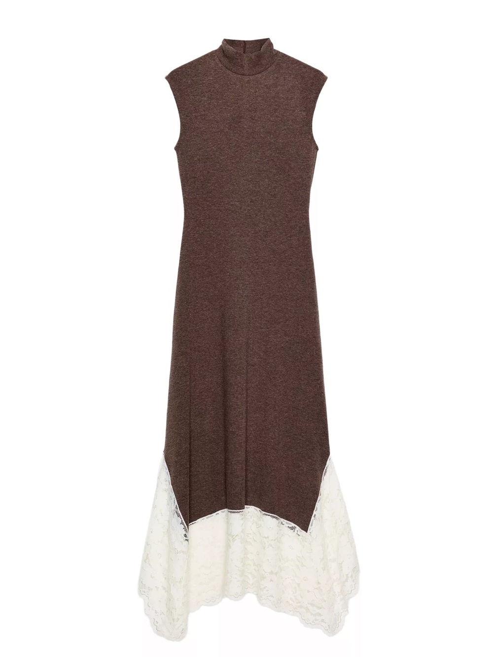 Zara Brown Sleeveless Knit Dress with Cream Lace Hem
